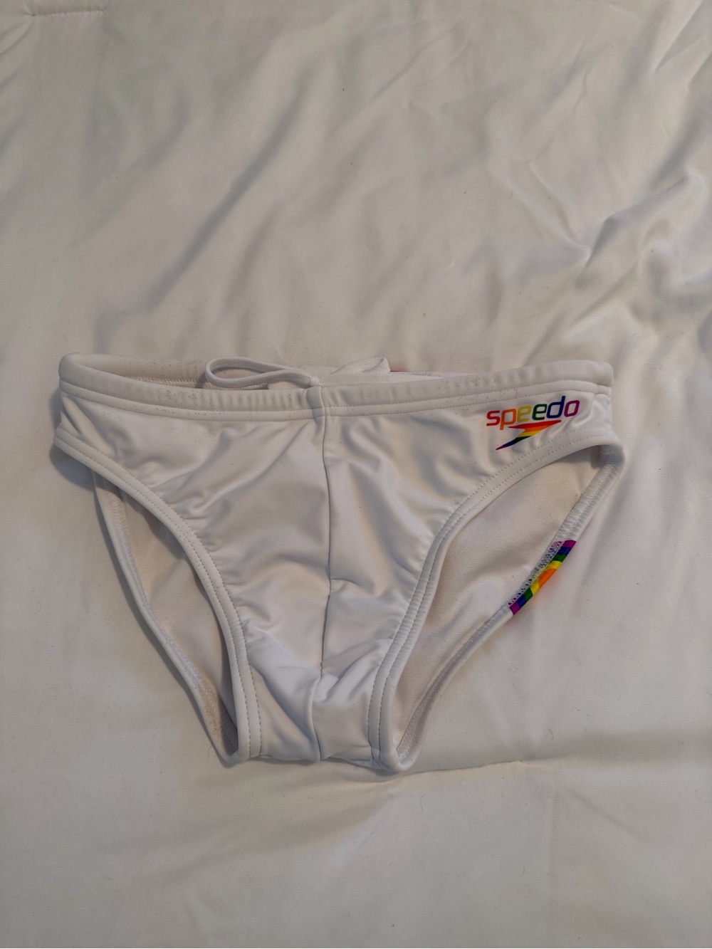 Speedo White Men’s Swim Brief with Rainbow Accent